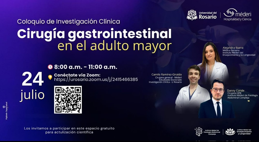 Afiche oficial del Coloquio de Investigación Clínica sobre cirugía gastrointestinal en el adulto mayor organizado por Méderi y la Universidad del Rosario