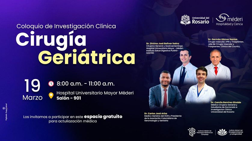 Afiche del coloquio de investigación clínica en cirugía geriátrica organizado por el Instituto de Patología Abdominal y el Instituto de Envejecimiento