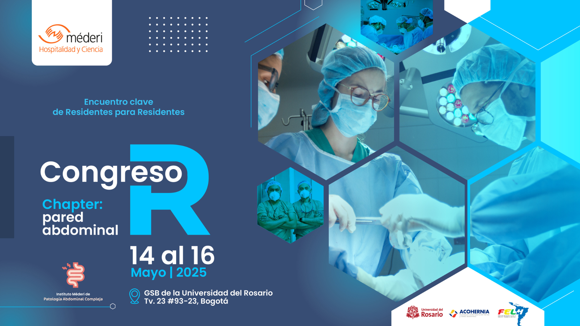 Afiche del Congreso R para residentes con énfasis en el capítulo de pared abdominal en la Universidad del Rosario