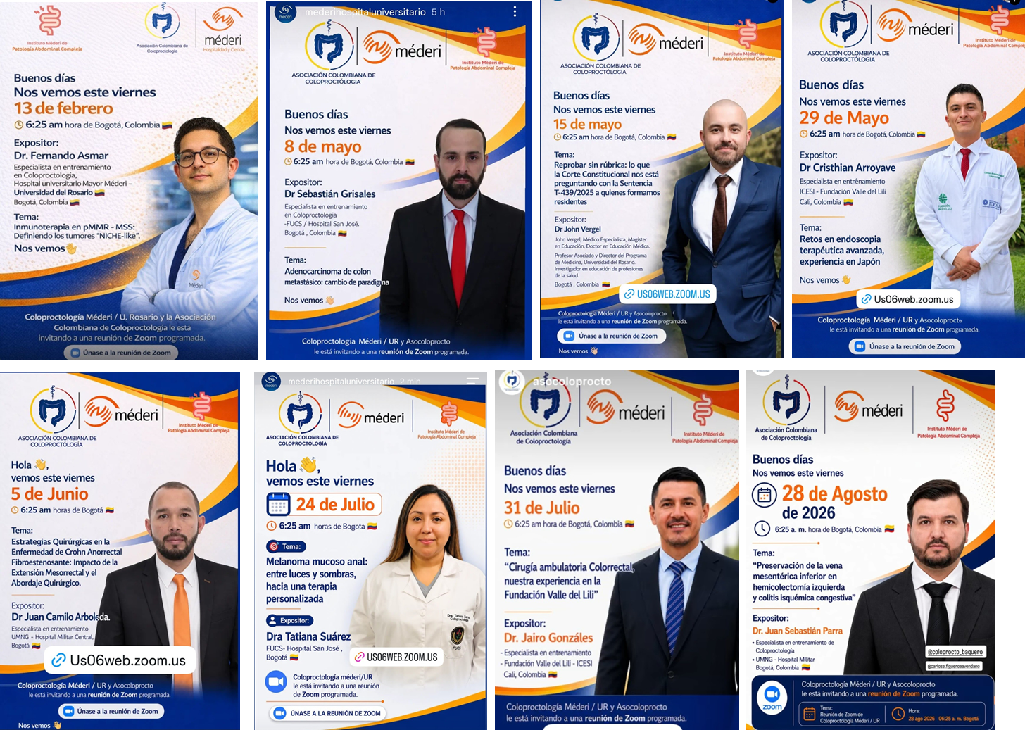 Compilación de afiches de las sesiones académicas virtuales de coloproctología organizadas por Méderi y Asocoloprocto.