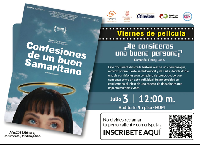 Afiche del evento Viernes de película con la proyección del documental Confesiones de un buen samaritano en el auditorio Méderi